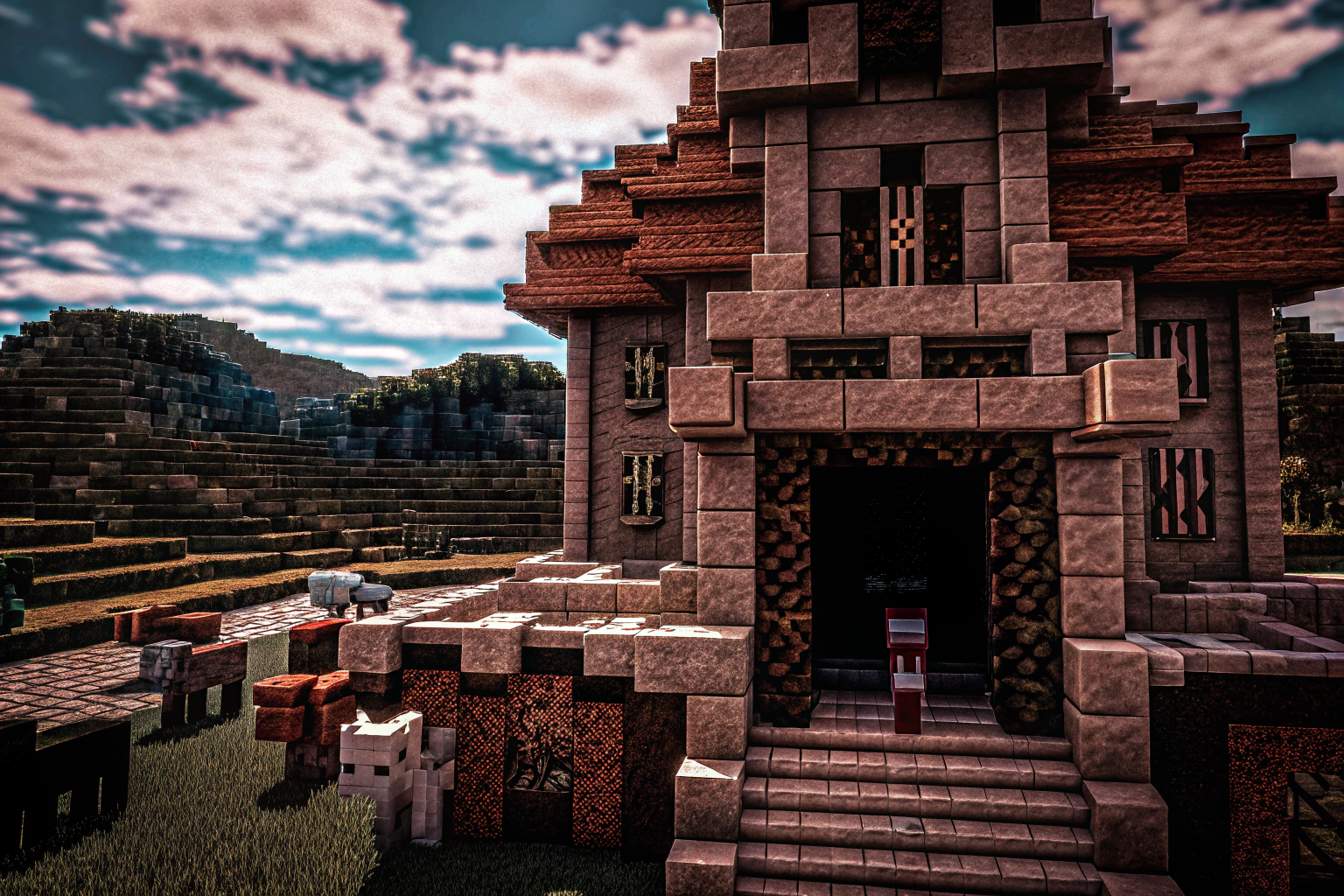 Ein Spieler baut eine kreative Struktur in Minecraft, umgeben von einer weiten Landschaft. Minecraft Szene mit kreativer Struktur