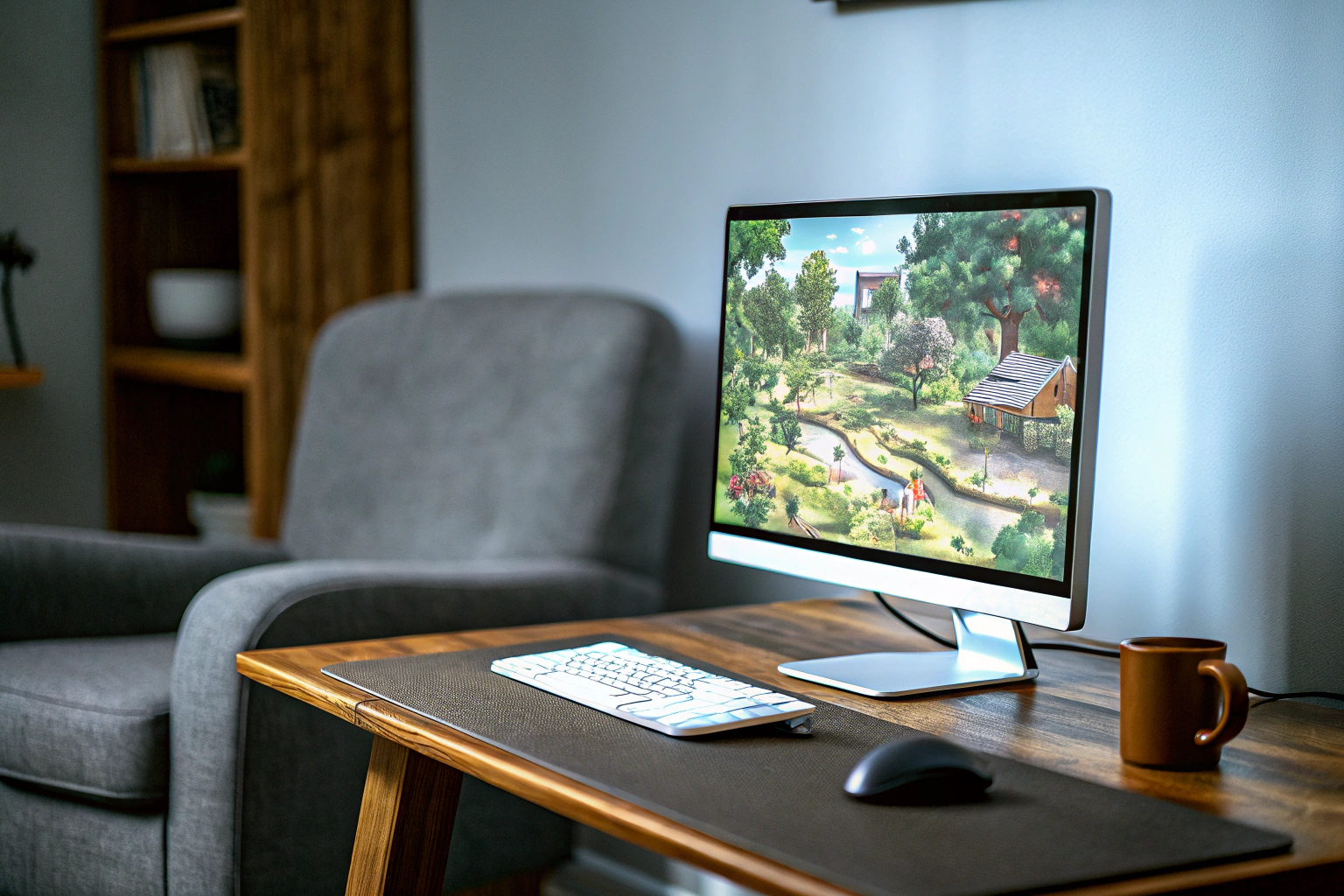 Ein Spieler, der ein einfaches Simulationsspiel auf dem PC spielt, ideal für Einsteiger. PC-Spieler spielt eine Simulation