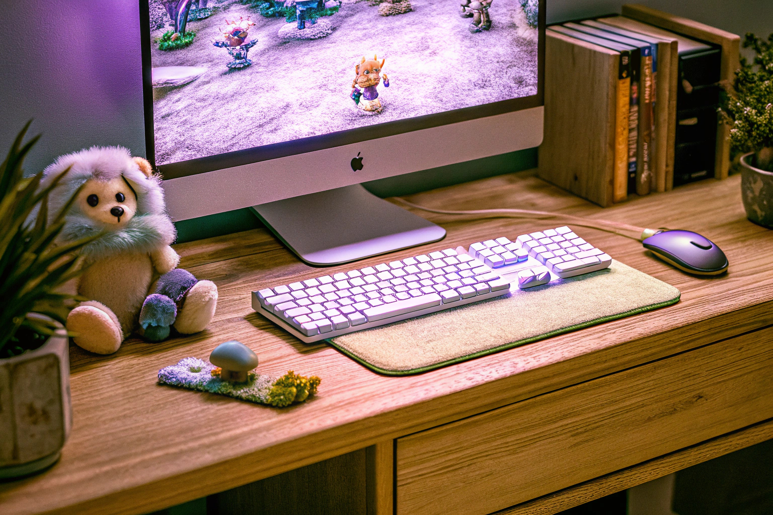 Ein Spieler, der ein Indie-Spiel auf einem Bildschirm genießt, umgeben von Gaming-Zubehör. Indie-Spielerlebnis am Bildschirm