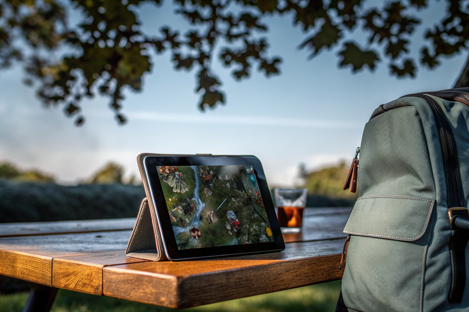 Ein Spieler, der ein Strategie-Arcade-Spiel auf einem Tablet spielt Spieler spielt Strategie-Arcade-Spiel auf Tablet