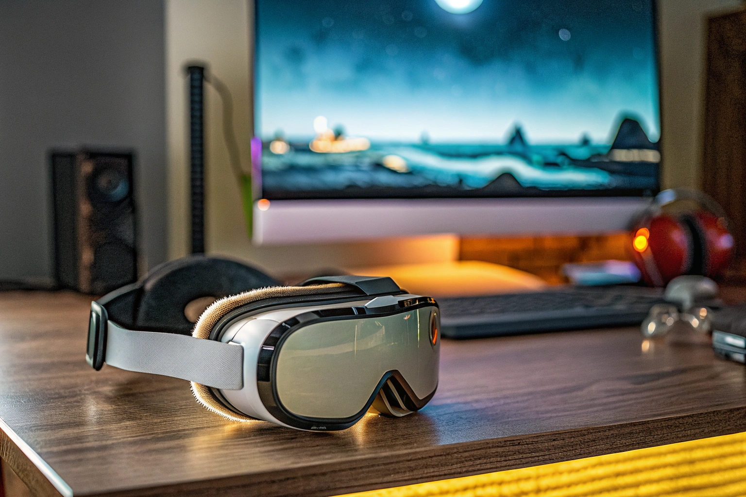 Ein Spieler, der ein VR-Headset trägt und in eine virtuelle Welt eintaucht. VR-Headset bei der Nutzung
