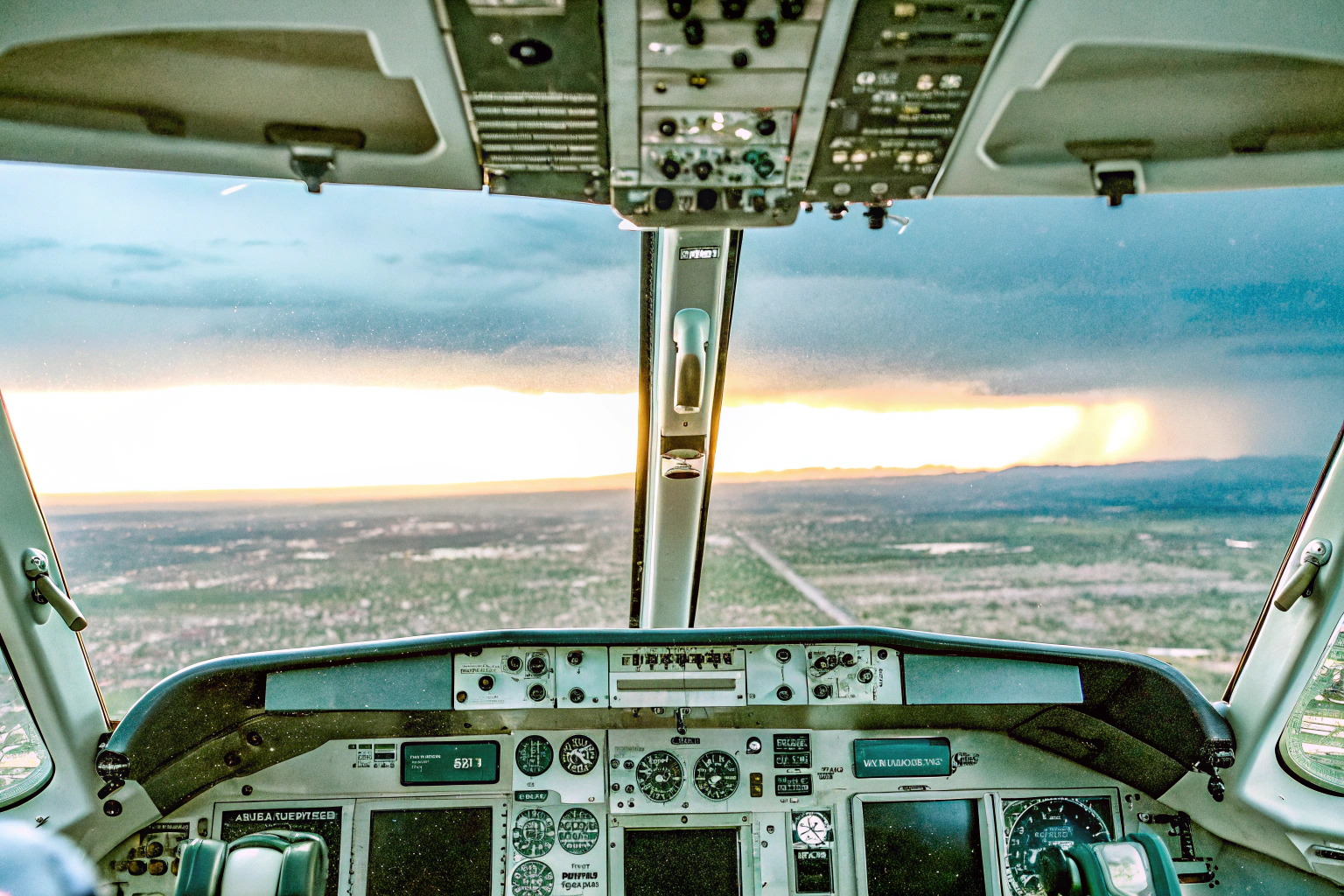 Ein Spieler, der einen Flugsimulator mit einem realistischen Cockpit spielt. Flugsimulator