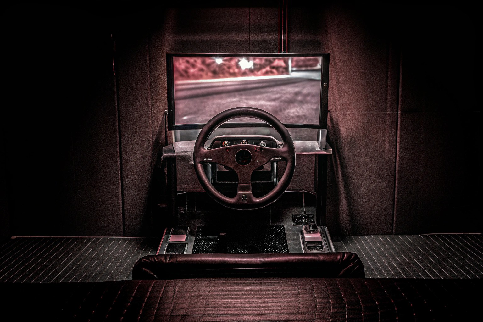 Ein Spieler, der einen Rennsimulator mit Lenkrad und Pedalen nutzt, um in einem Rennspiel zu fahren. Rennspiel auf einem Simulator
