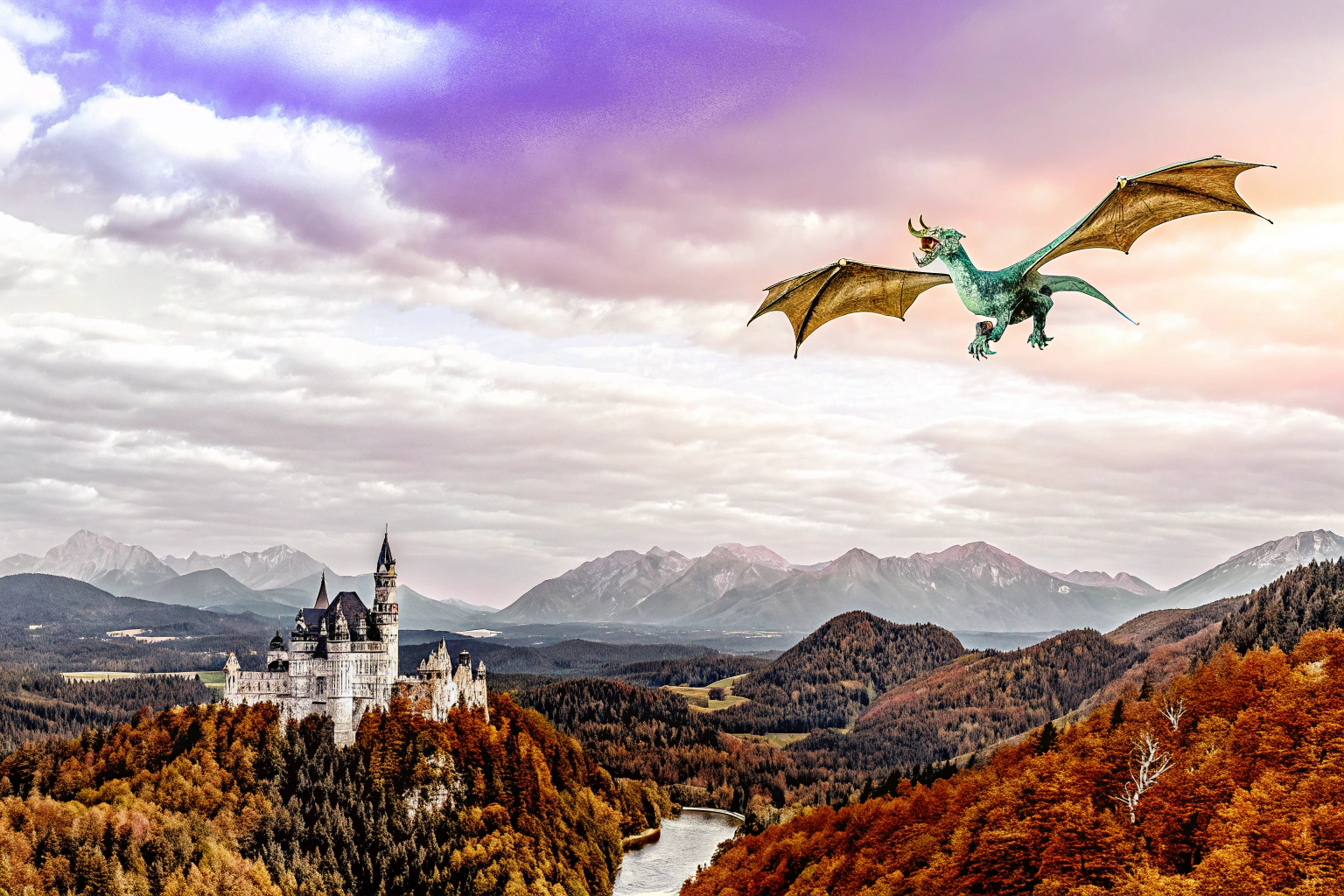 Ein Spieler, der in einem epischen Rollenspiel auf einem Drachen reitet. Spieler auf einem Drachen