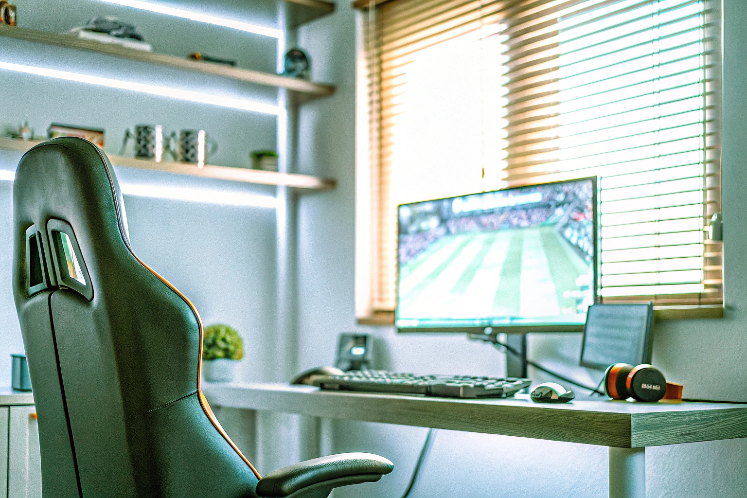 Ein Spieler, der in einem gemütlichen Raum mit Gaming-Zubehör sitzt und spielt. Gemütlicher Gaming-Raum