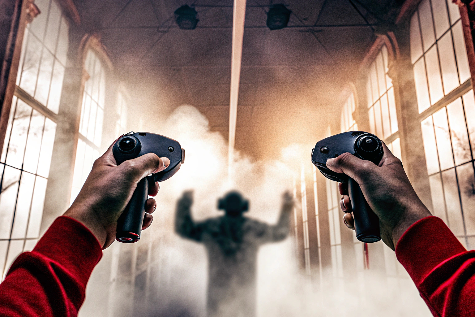 Ein Spieler, der in einer dunklen VR-Umgebung gegen Monster kämpft. VR-Spieler kämpft gegen Monster