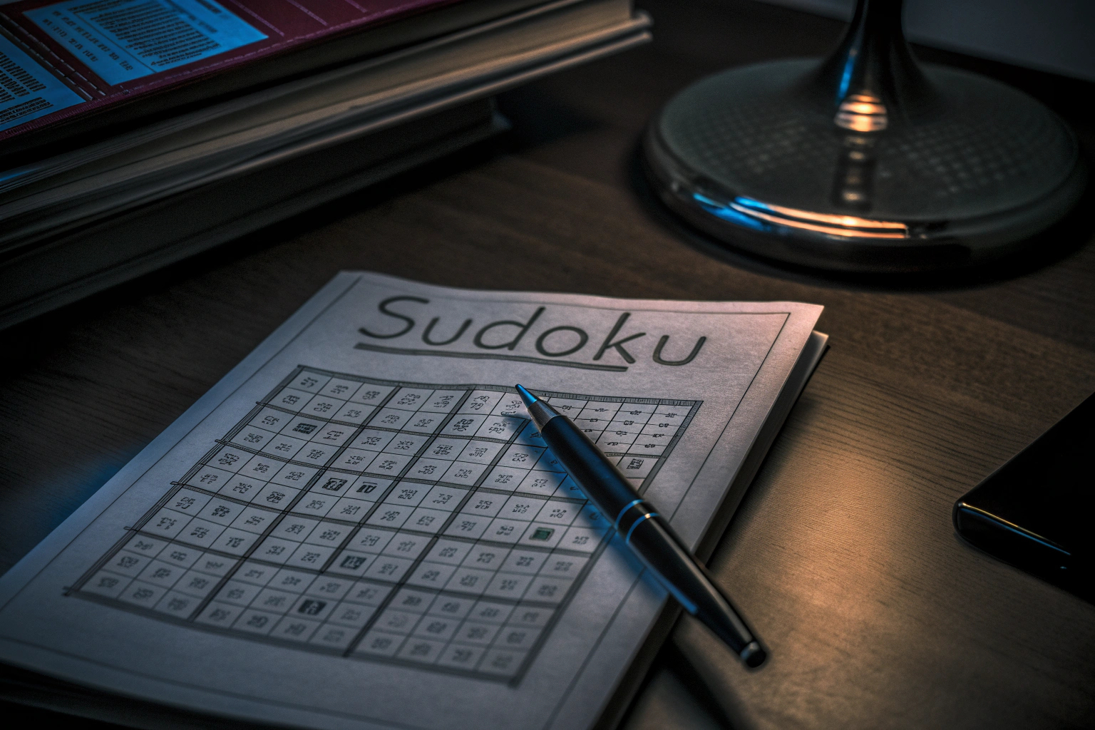 Ein Spieler, der konzentriert an einem Sudoku-Rätsel arbeitet, umgeben von Notizen und einem Stift. Sudoku-Rätsel