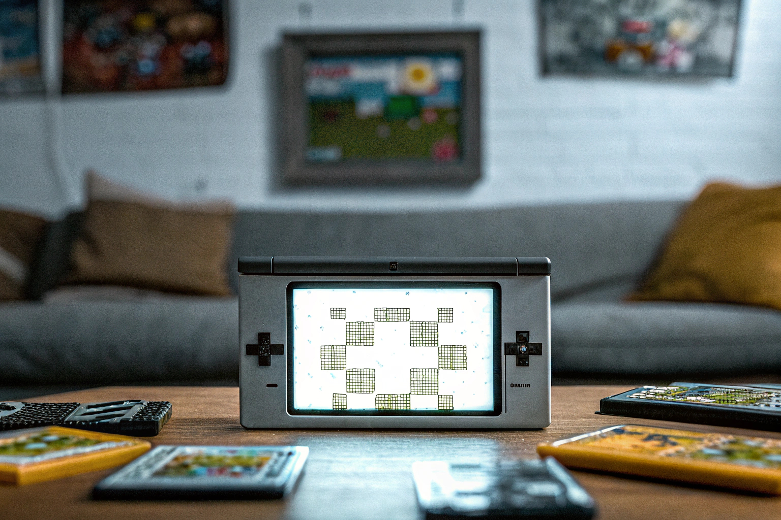 Ein Spieler, der mit einer Handheld-Retro-Konsole spielt, eingetaucht in die Welt der klassischen Spiele. Spieler mit Handheld-Retro-Konsole