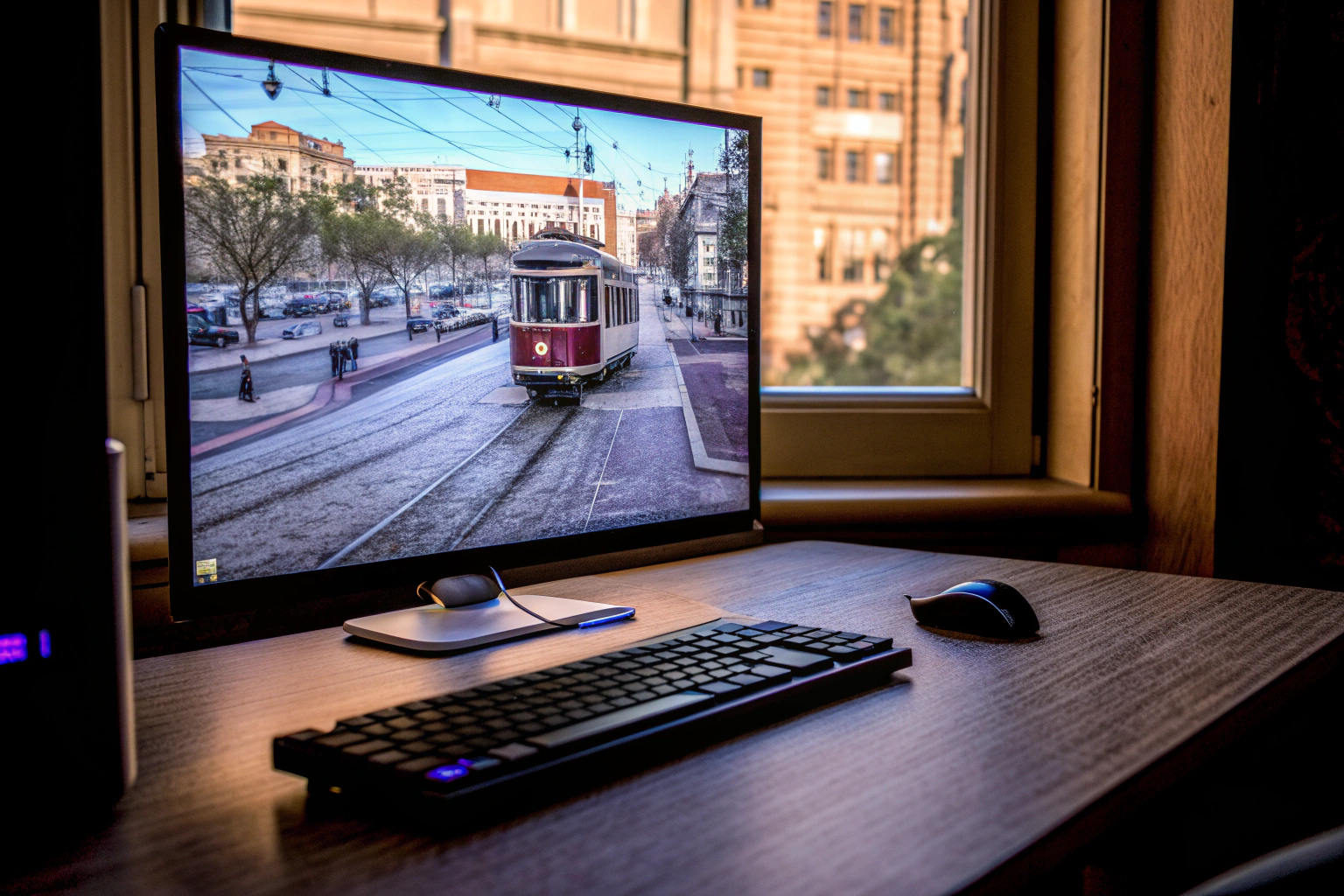 Ein Spieler, der TramSim auf einem Computer spielt, umgeben von einem realistischen virtuellen Stadtbild. Spieler spielt TramSim auf einem Computer