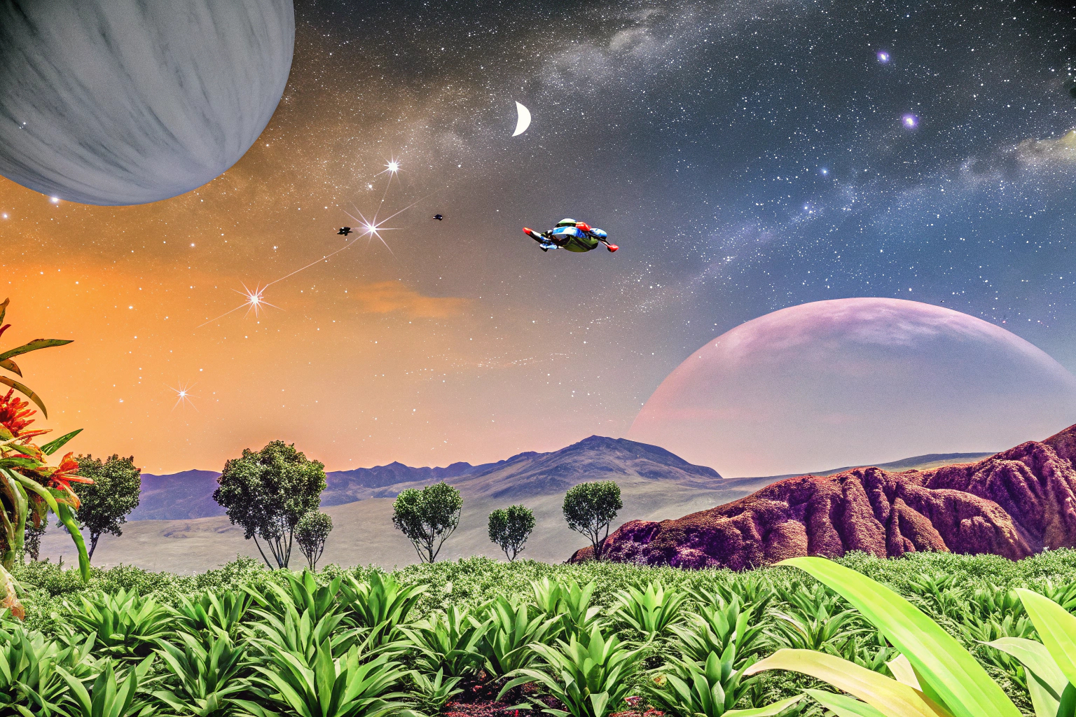 Ein Spieler erkundet mit seinem Raumschiff einen farbenfrohen Planeten in No Man's Sky. No Man's Sky VR