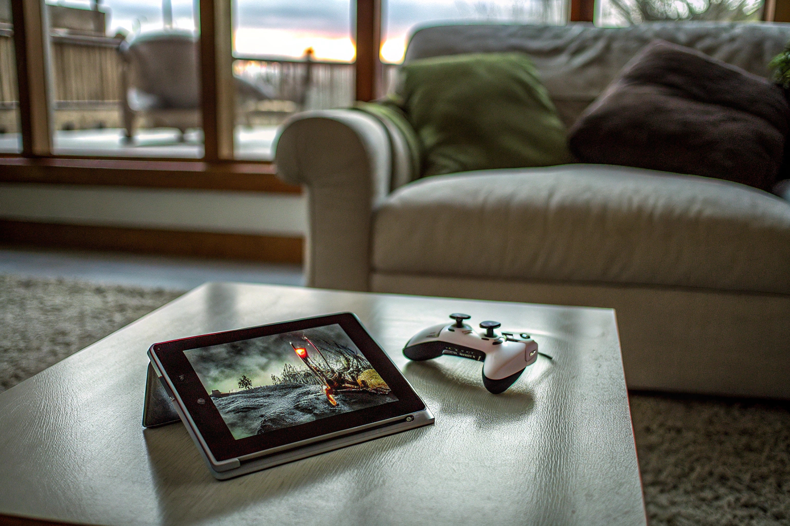 Ein Spieler genießt Xbox Cloud Gaming auf einem Tablet mit einem Game-Controller. Xbox Cloud Gaming auf Tablet