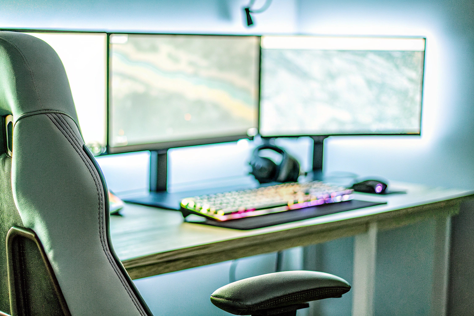 Ein Spieler mit einem Gaming-Headset, der in ein Spiel vertieft ist. Gamer mit Headset