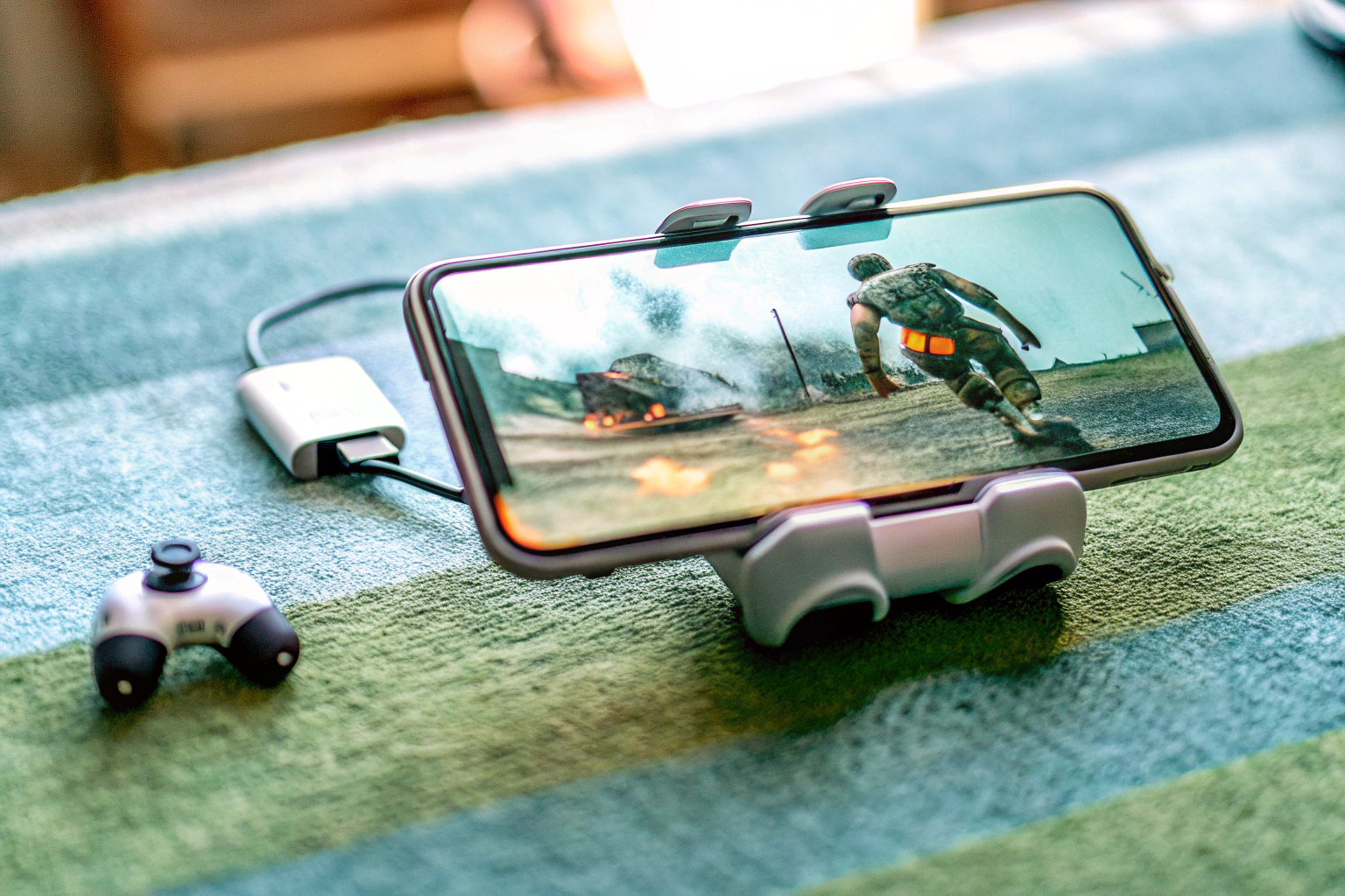 Ein Spieler nutzt den Ozkak Mobile Controller für ein intensives Shooter-Spiel. Ozkak Mobile Controller im Einsatz