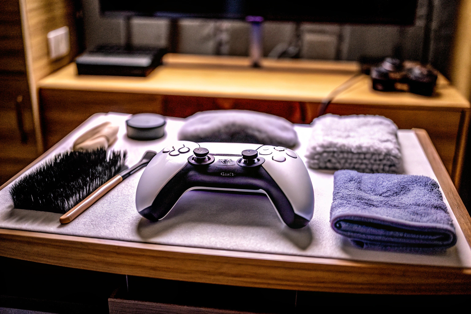 Ein Spieler reinigt seinen PS5 Controller mit einem speziellen Reinigungsset. Reinigung PS5 Controller