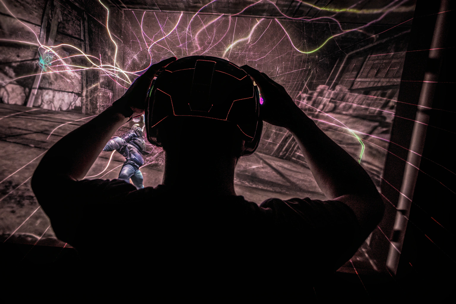 Ein Spieler trägt ein VR-Headset und taucht in eine immersive virtuelle Spielwelt ein, umgeben von leuchtenden Grafiken und futuristischen Elementen. VR-Spieler in einer virtuellen Welt