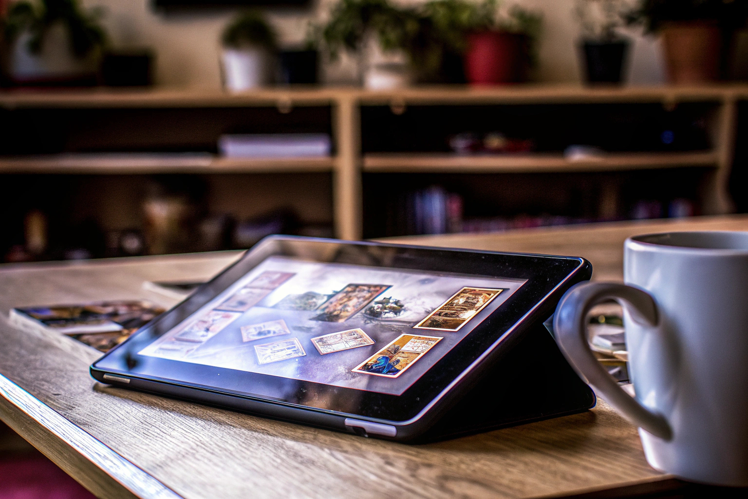 Ein Spieler vertieft sich in ein spannendes Kartenspiel auf seinem Tablet. Kartenspiel auf Tablet