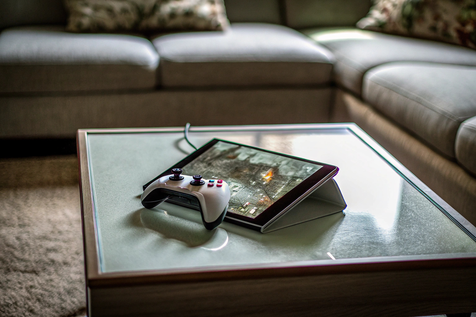 Ein Spieler verwendet einen Cloud-Gaming-Dienst auf einem Tablet, während er mit einem Controller spielt. Cloud-Gaming auf einem Tablet