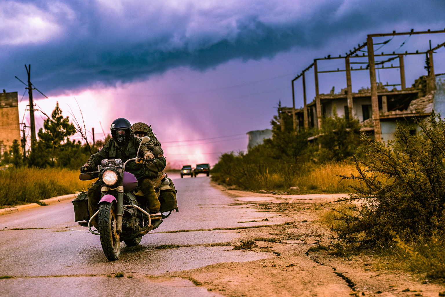 Ein Spielercharakter fährt mit einem Motorrad durch eine zerstörte Landschaft in Days Gone. Days Gone Spielszene mit Motorrad