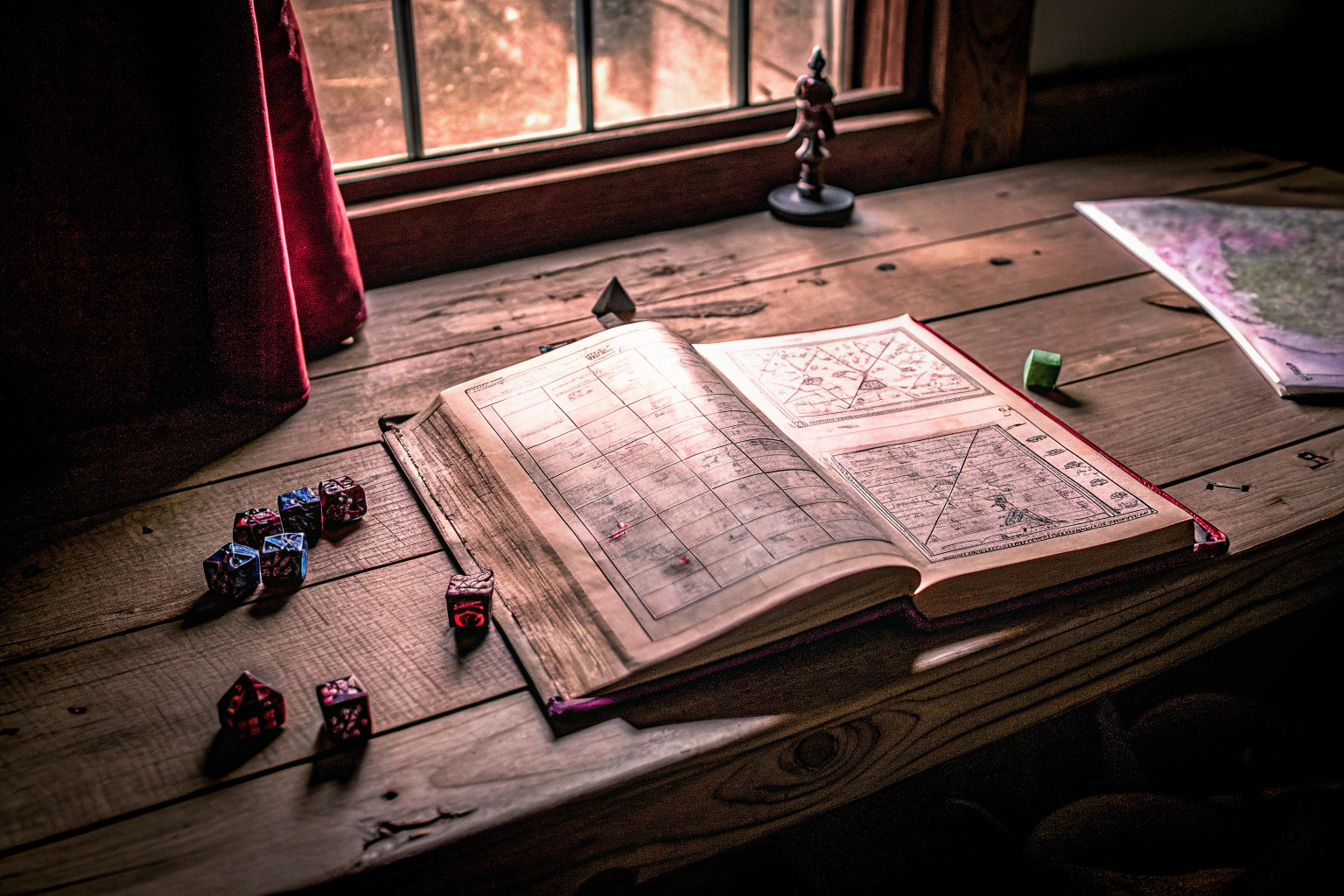 Ein Spielleiter, der eine Rollenspielrunde leitet und dabei ein Buch mit kreativen Tabellen verwendet. Spielleiter mit Rollenspielbuch