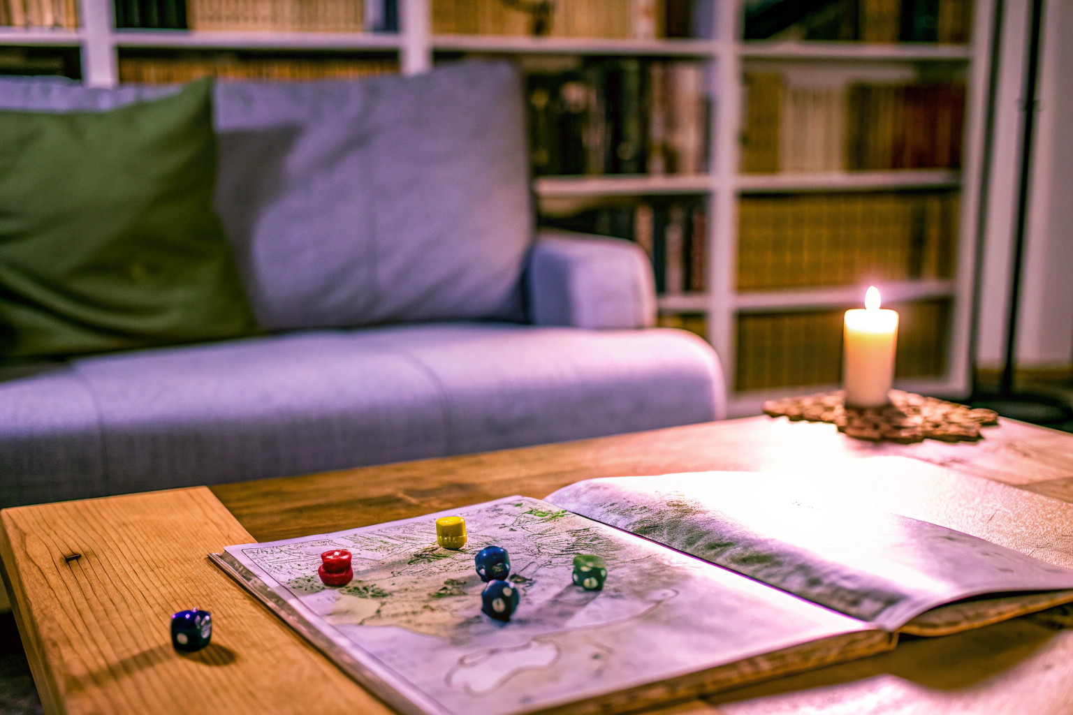 Ein Spielleiter, der mit Begeisterung die Spielgeschichte erklärt, während die Spieler aufmerksam zuhören. Spielleiter erklärt die Spielgeschichte