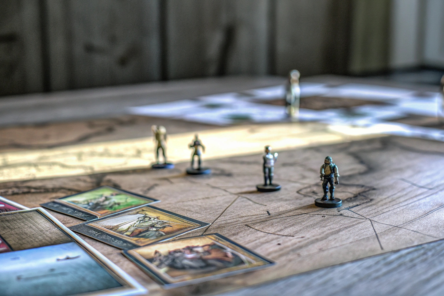 Ein Spieltisch mit Karten, Miniaturen und Notizen, die die Atmosphäre eines Rollenspiels verbessern. Rollenspielatmosphäre
