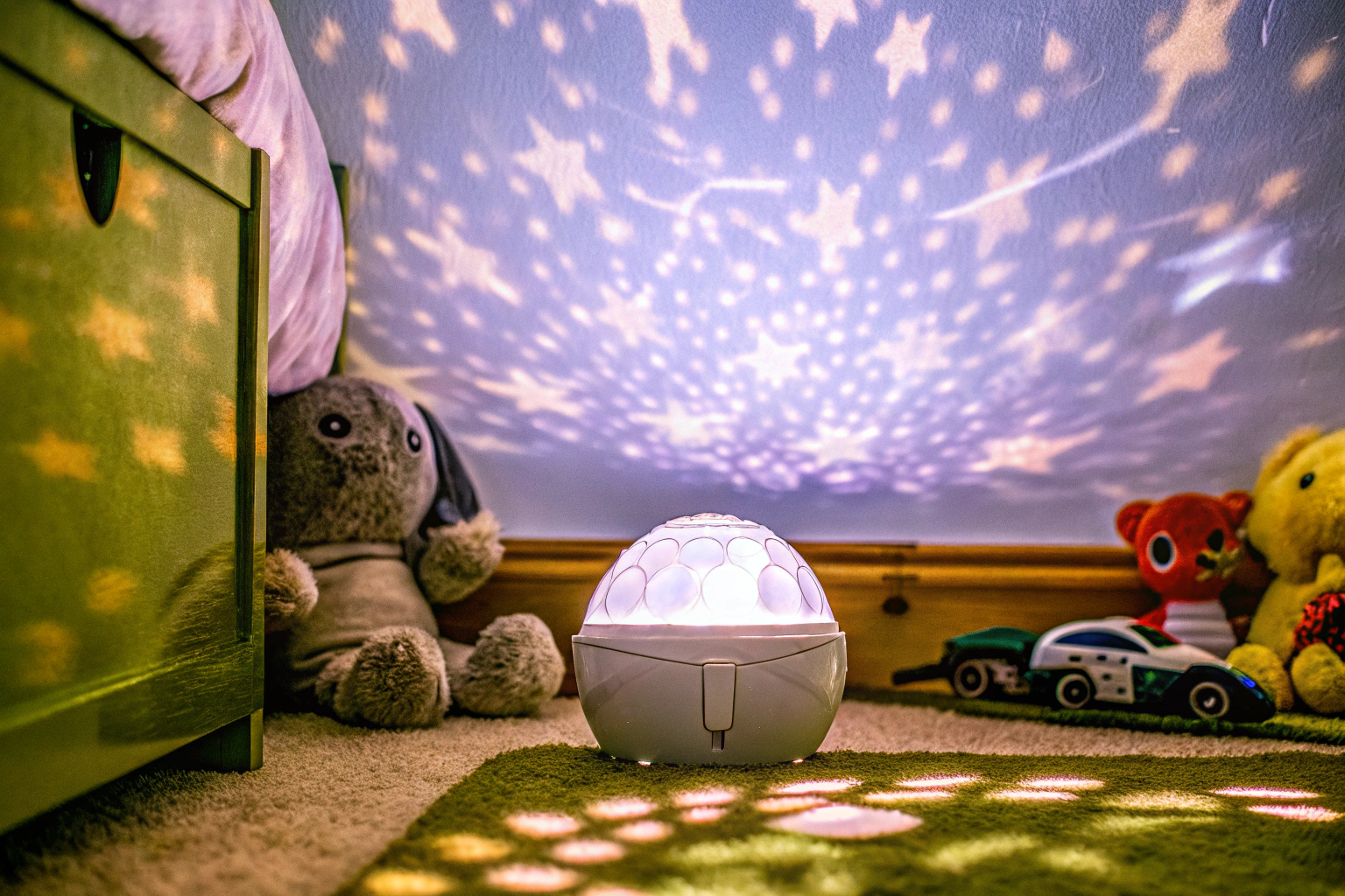 Ein Sternenhimmel-Projektor beleuchtet ein Kinderzimmer mit einem faszinierenden Muster aus Sternen und Nebeln. Sternenhimmel-Projektor im Kinderzimmer