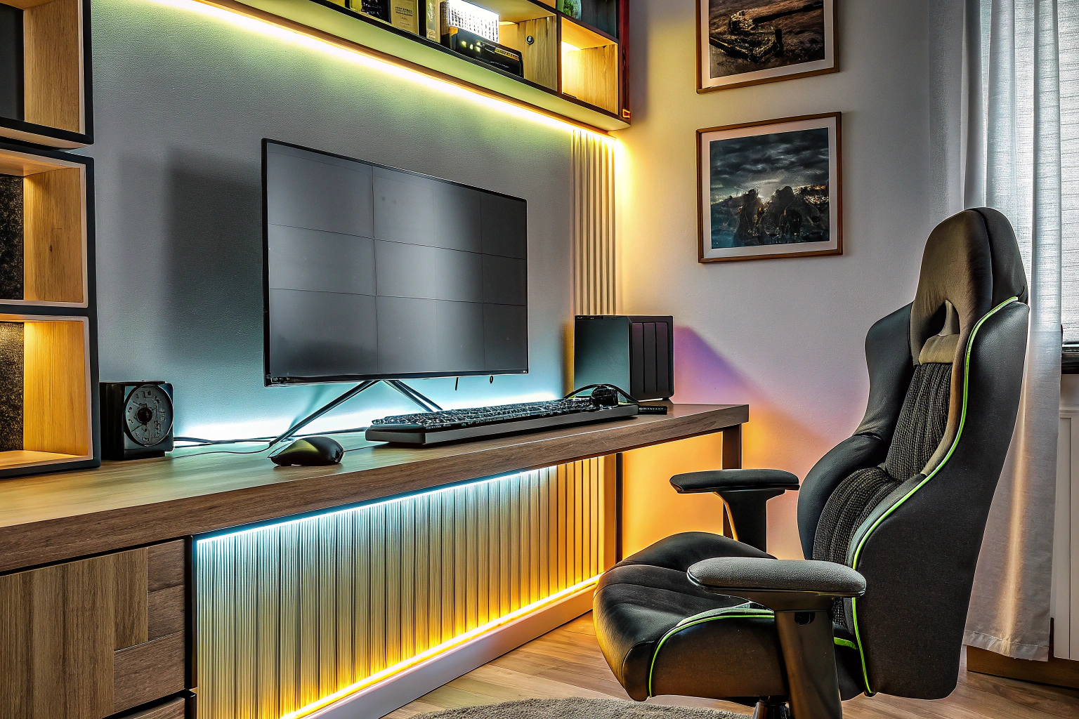 Ein stilvoll eingerichteter Gaming-Raum mit farbiger LED-Beleuchtung und modernem Gaming-Equipment. Gaming-Raum mit LED-Beleuchtung