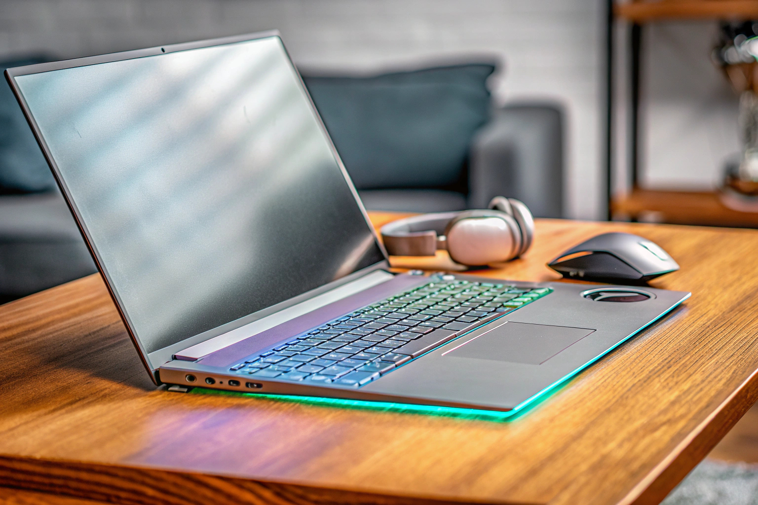 Ein stilvoller Gaming-Laptop mit beleuchteter Tastatur auf einem Schreibtisch. Gaming-Laptop mit beleuchteter Tastatur