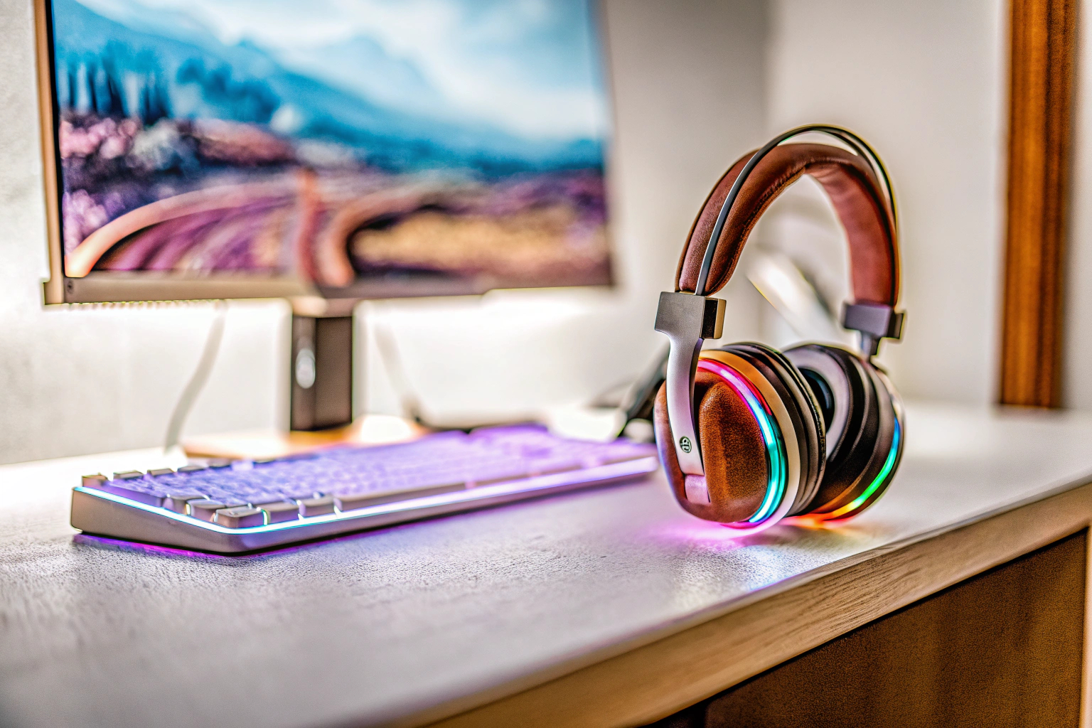 Ein stilvolles Gaming-Headset mit RGB-Beleuchtung, das auf einem Gaming-Setup präsentiert wird. Gaming-Headset mit RGB-Beleuchtung