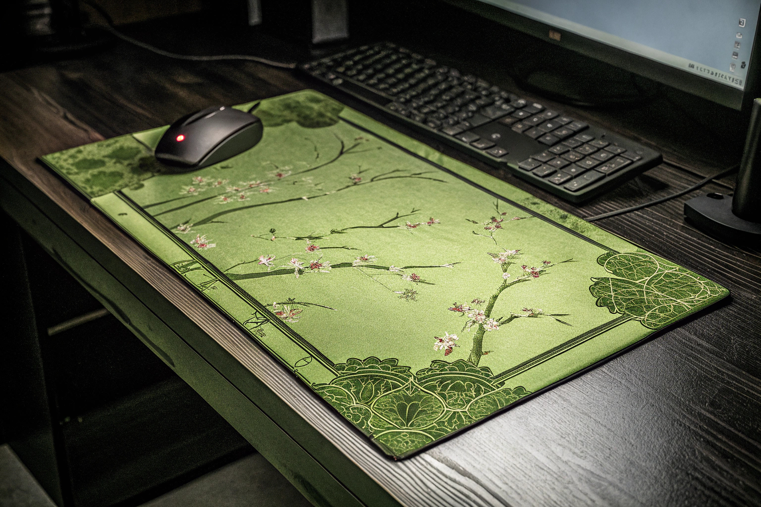 Ein stilvolles Gaming-Setup mit einem großen, ästhetischen Mauspad im japanischen Stil, das den Schreibtisch schützt und aufwertet. Gaming-Setup mit japanischem Mauspad