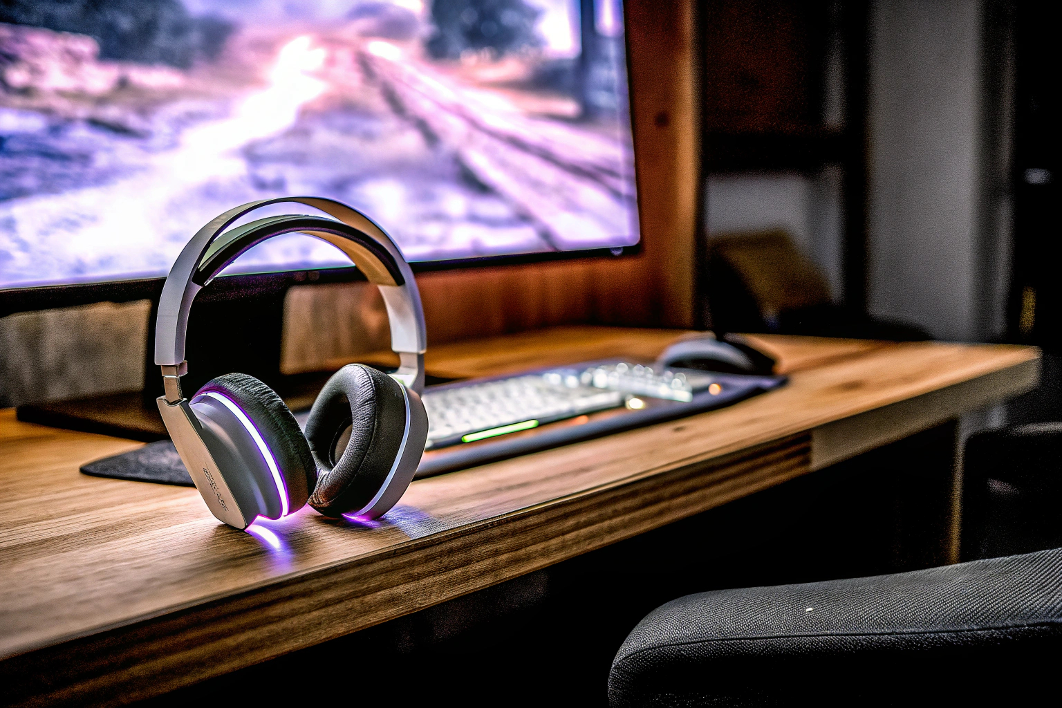 Ein stilvolles Gaming-Setup mit einem kabellosen Headset und RGB-Beleuchtung. Kabelloses Gaming-Headset Setup