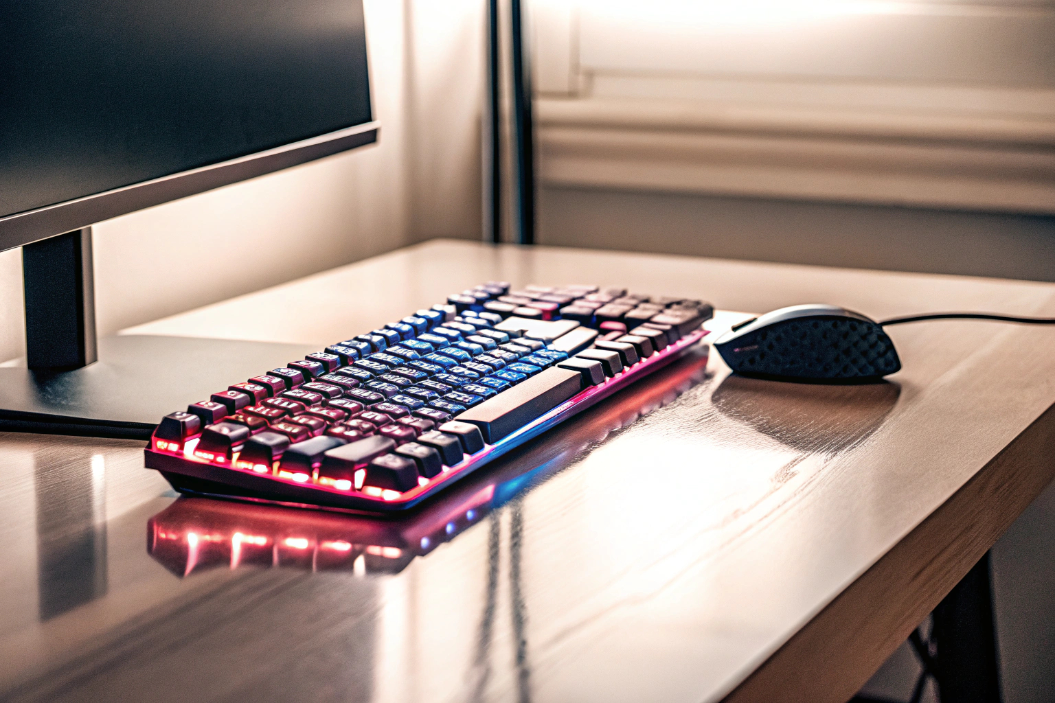 Ein stilvolles Gaming-Setup mit einer RGB-Tastatur, die verschiedene Farben zeigt. RGB-Gaming-Setup