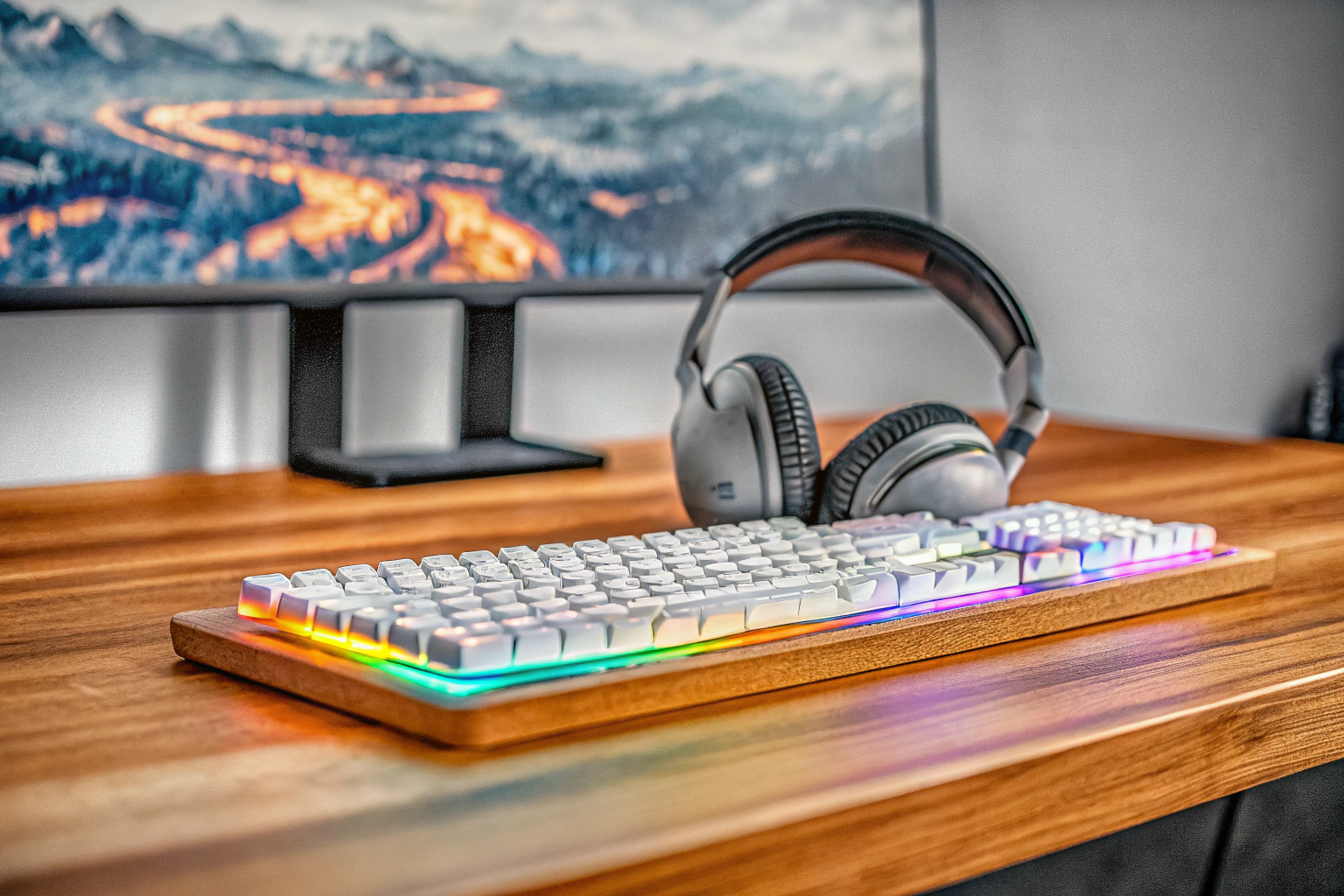 Ein stilvolles Gaming-Setup mit Headset und Tastatur. Stilvolles Gaming-Setup
