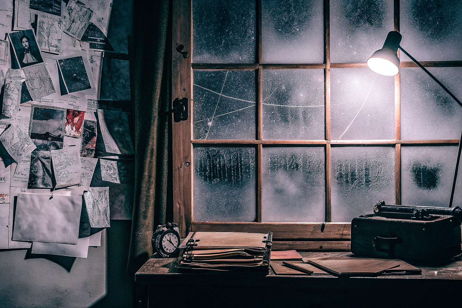 Ein stimmungsvolles Bild eines Detektivbüros mit Notizen und Hinweisen an der Wand. Detektivspiel-Kulisse