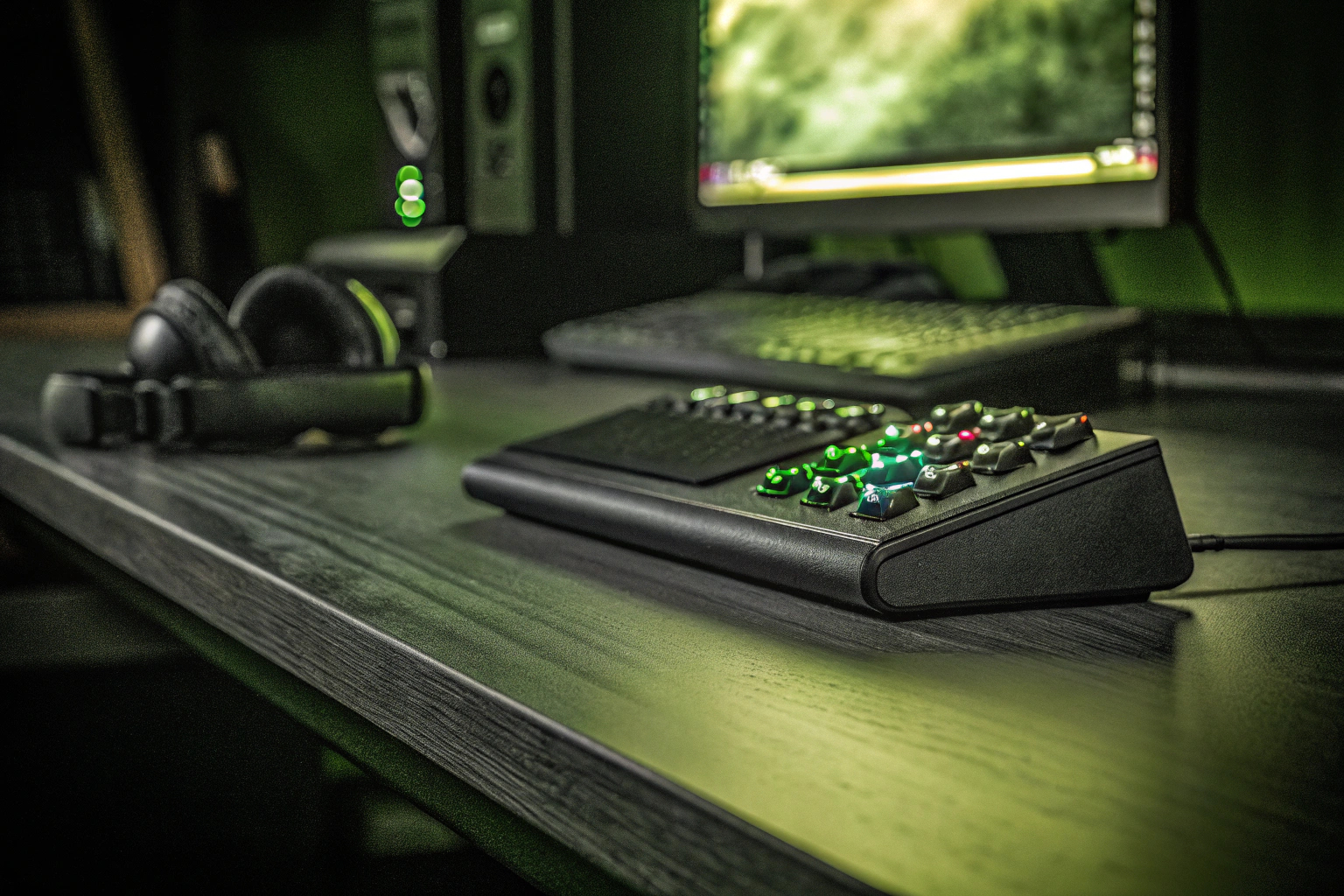 Ein Stream Deck auf einem Schreibtisch neben einem Computer, bereit für den Einsatz. Effizientes Workflow-Management mit Stream Deck