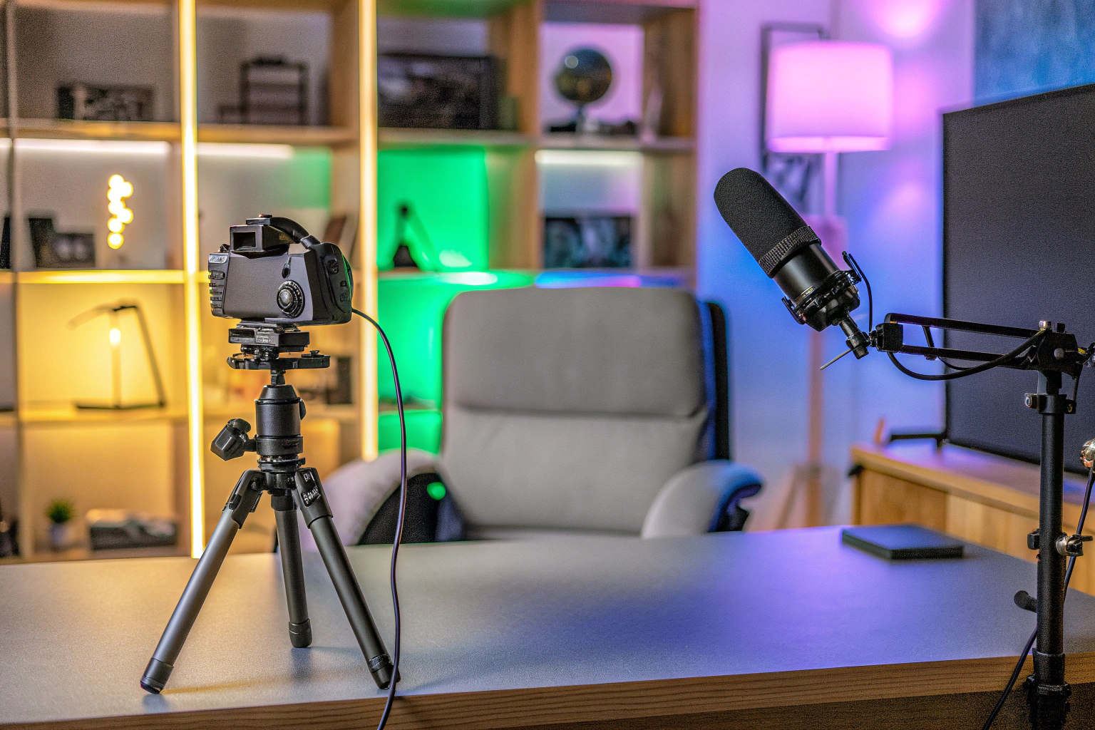 Ein Streamer bei der Arbeit mit Mikrofon und Kamera Streamer bei der Arbeit