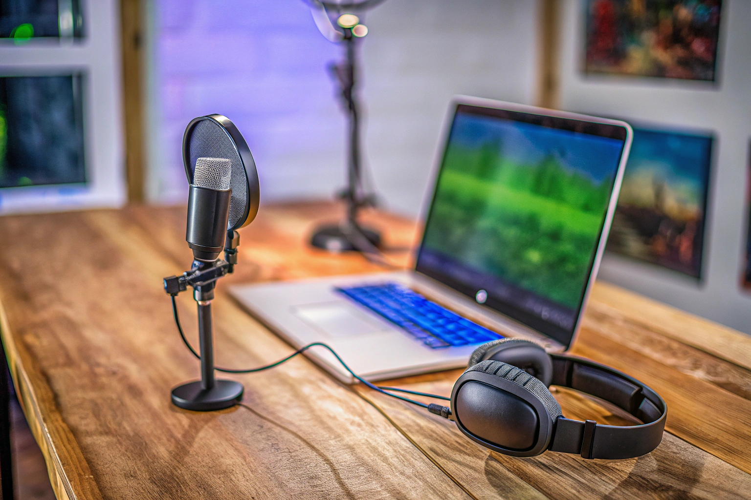 Ein Streamer, der auf einem Laptop spielt und streamt, mit einem Mikrofon und Kopfhörern. Streamer mit Laptop