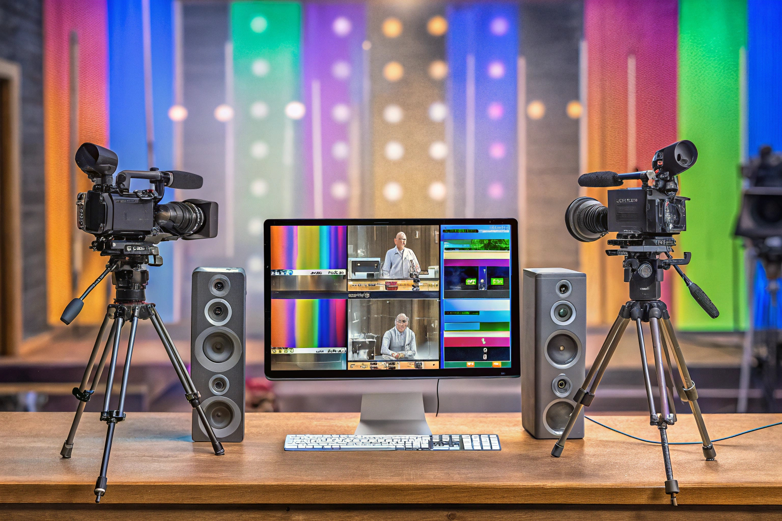 Ein Streamer, der ein Live-Event mit mehreren Kameras und einem Monitor verfolgt. Live-Streaming mit mehreren Kameras