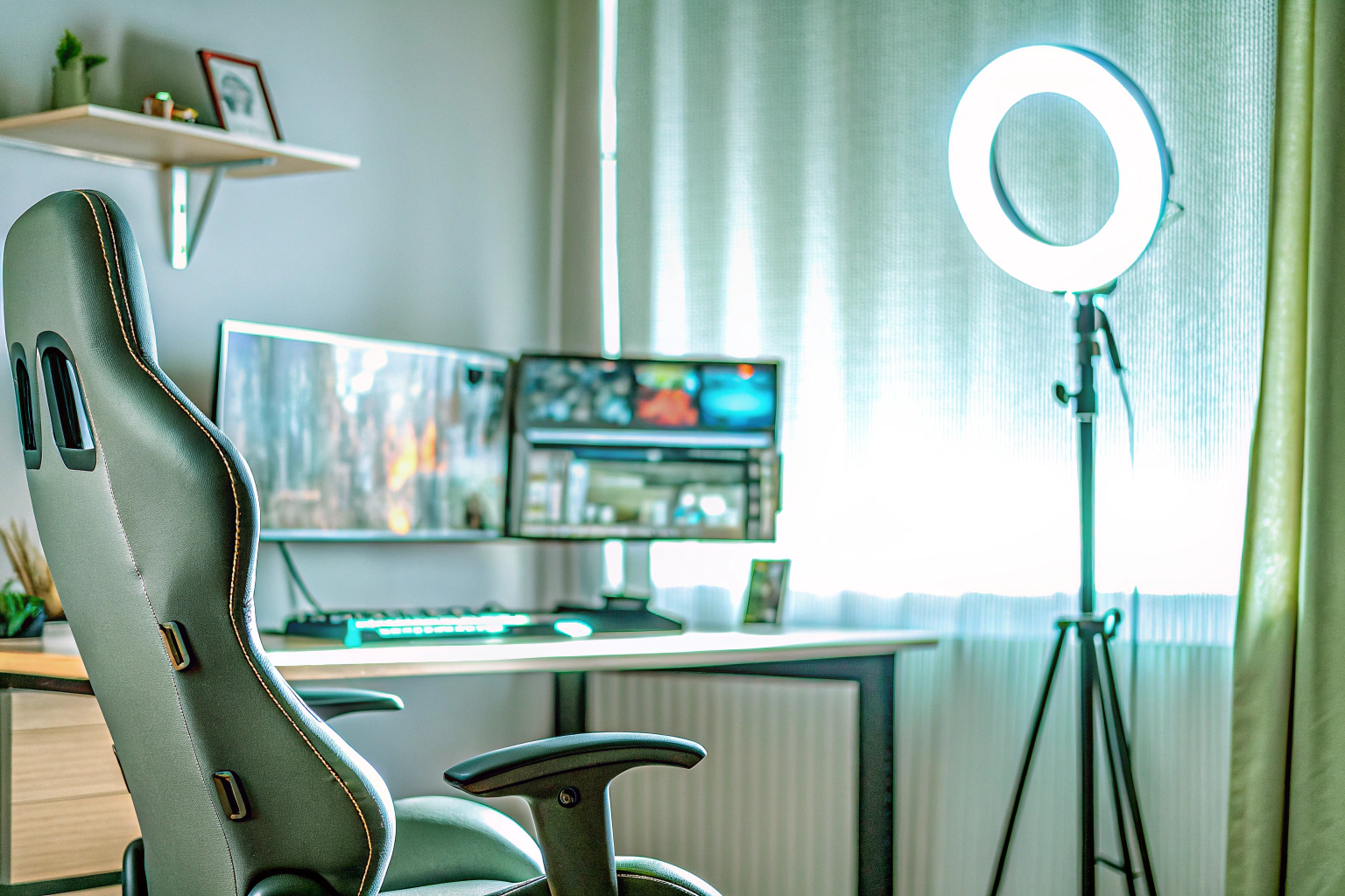 Ein Streamer, der in einem gut beleuchteten Raum mit einem Ringlicht streamt. Streamer mit Ringlicht