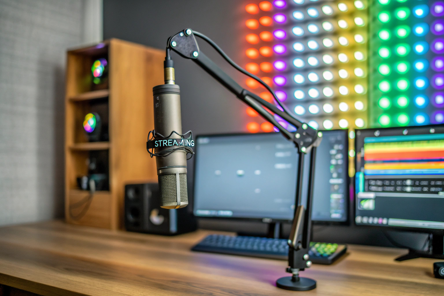 Ein Streamer, der in einem gut beleuchteten Raum mit Mikrofon und Webcam streamt. Streamer beim Streaming