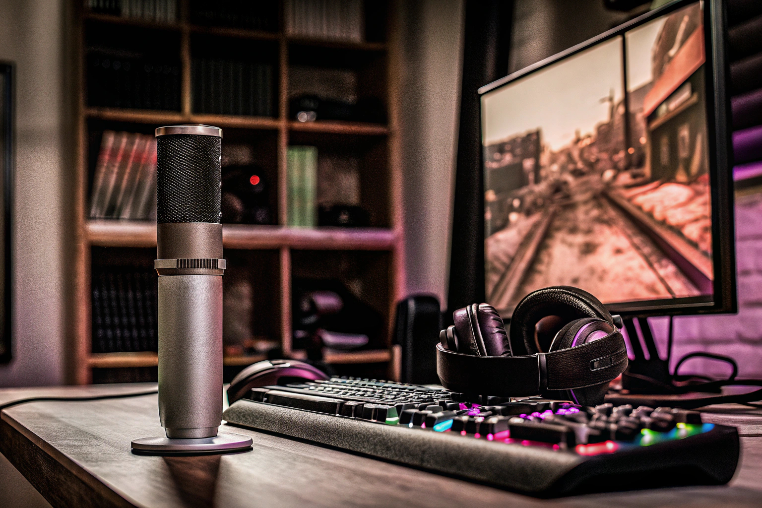Ein Streamer, der live auf Twitch mit einem hochwertigen Mikrofon und Kopfhörer streamt. Streamer beim Live-Streaming