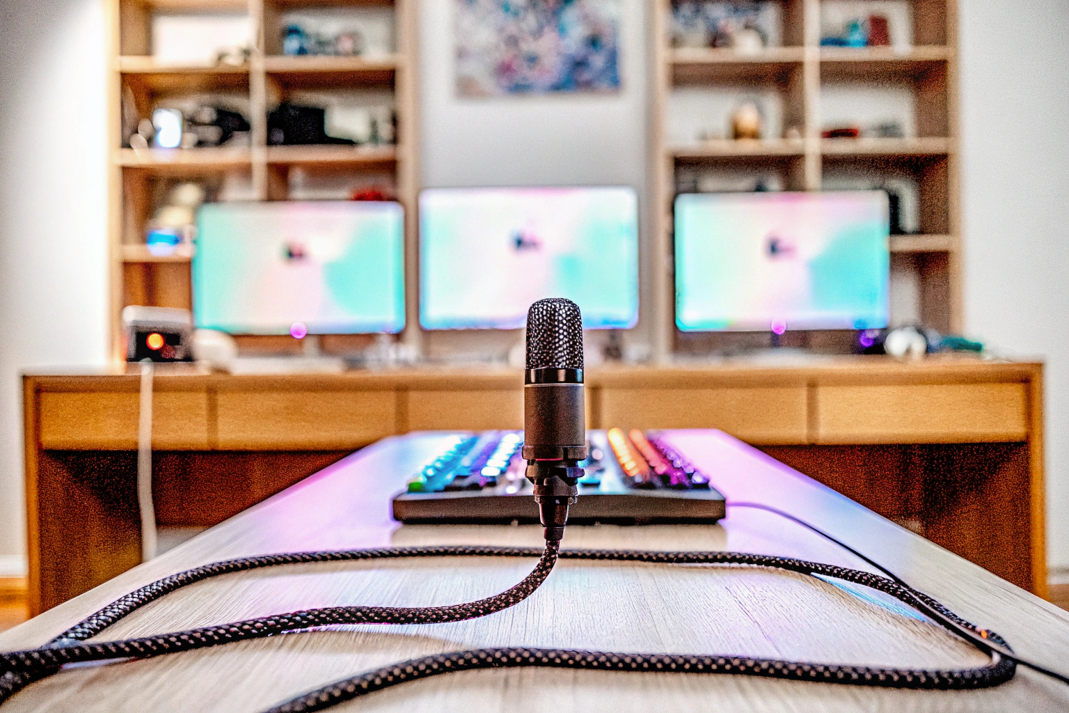 Ein Streamer, der mit einem Audiomixer und professionellem Mikrofon arbeitet. Streaming-Audio-Setup mit Mixer