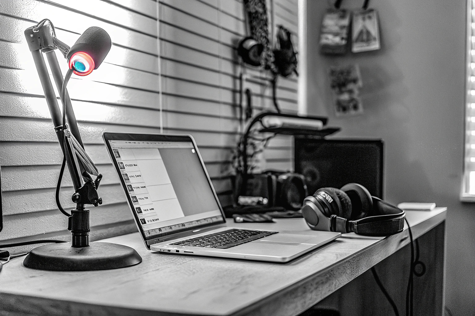 Ein Streamer, der mit einem Mikrofon und einem Laptop live auf Social Media geht. Live-Streaming auf Social Media