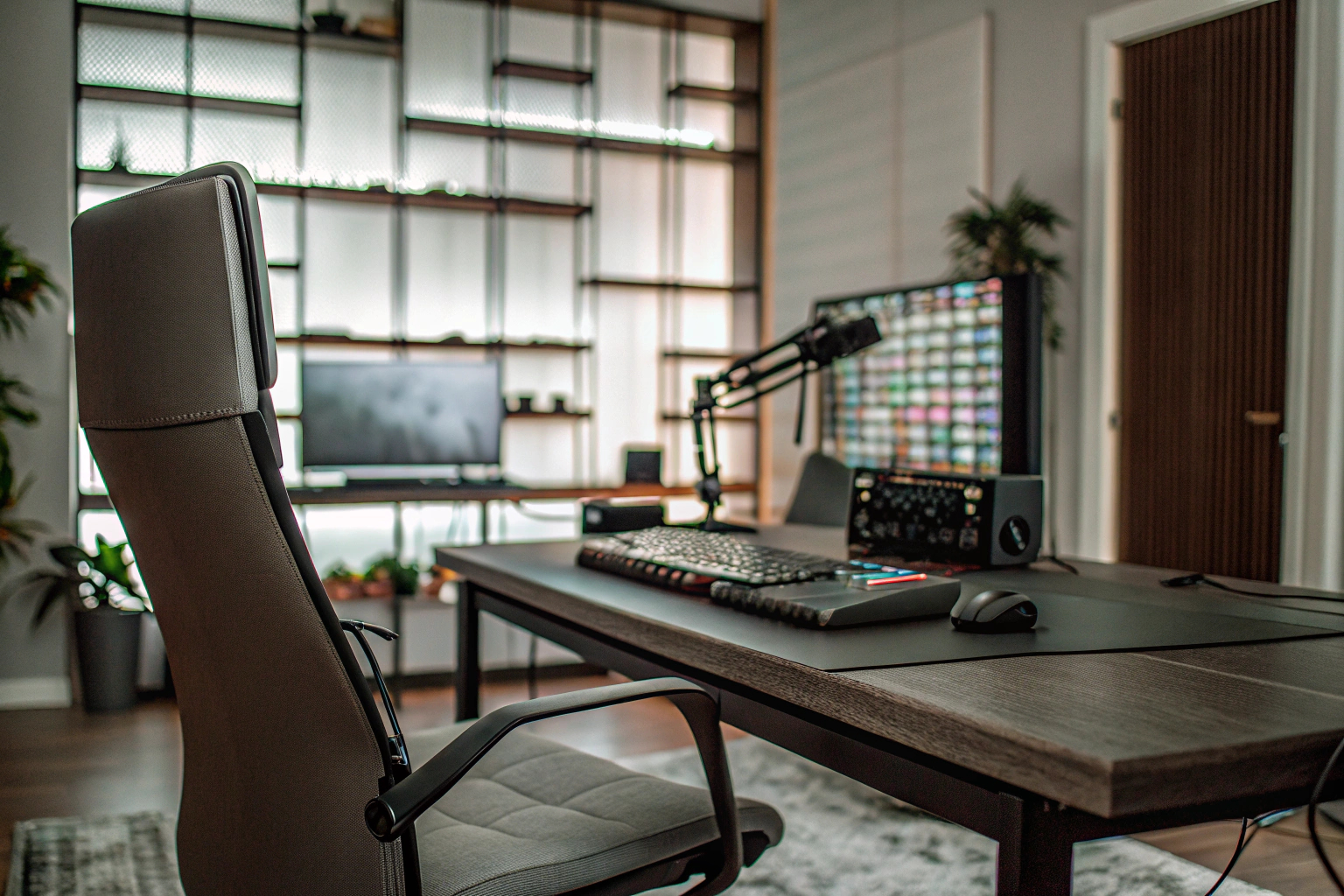 Ein Streamer, der seine Ausrüstung mit einem Mixer und Mikrofon auf einem Tisch einrichtet. Streamer richtet Streaming-Ausrüstung ein