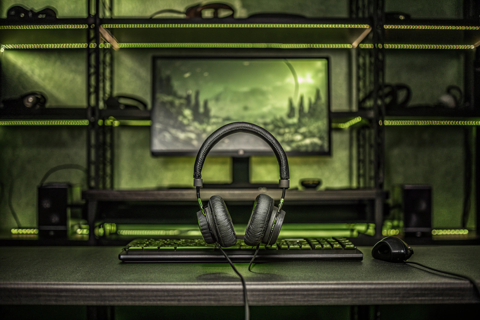 Ein Streamer, der vor einem Gaming-Setup mit Mikrofon und RGB-Beleuchtung sitzt. Streamer mit Gaming-Mikrofon