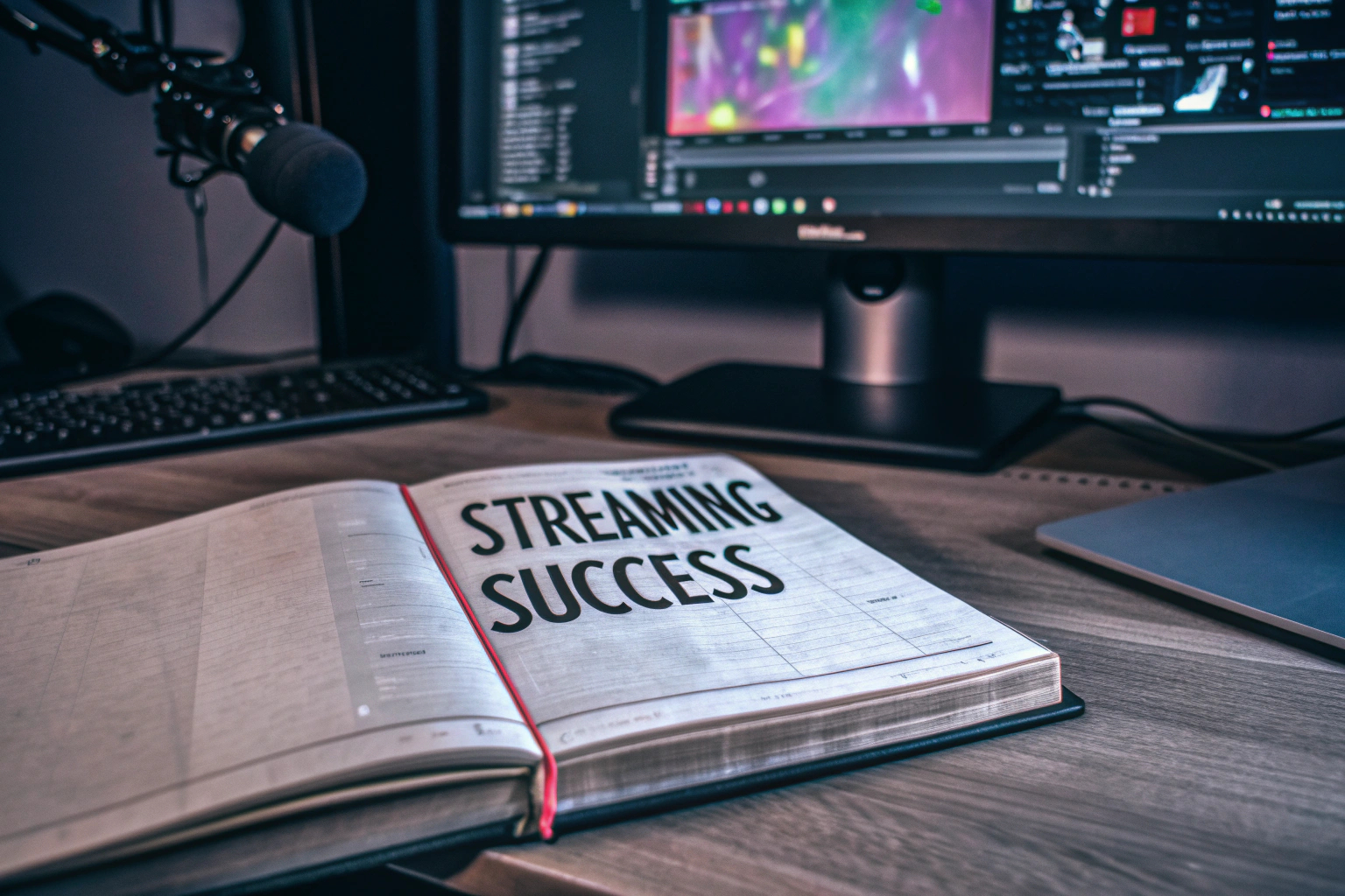 Ein Streamer liest in einem Buch über Streaming-Erfolg, während er an seinem Schreibtisch sitzt. Streamer mit Buch über Erfolg