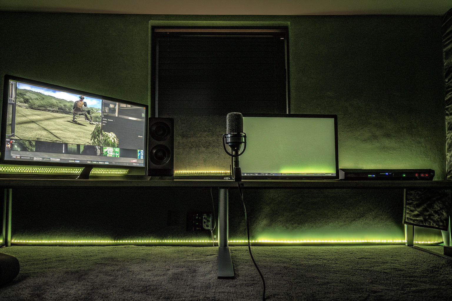 Ein Streamer sitzt vor seinem Gaming-Setup und spricht in ein Mikrofon, während er auf einem Bildschirm spielt. Streamer bei der Arbeit