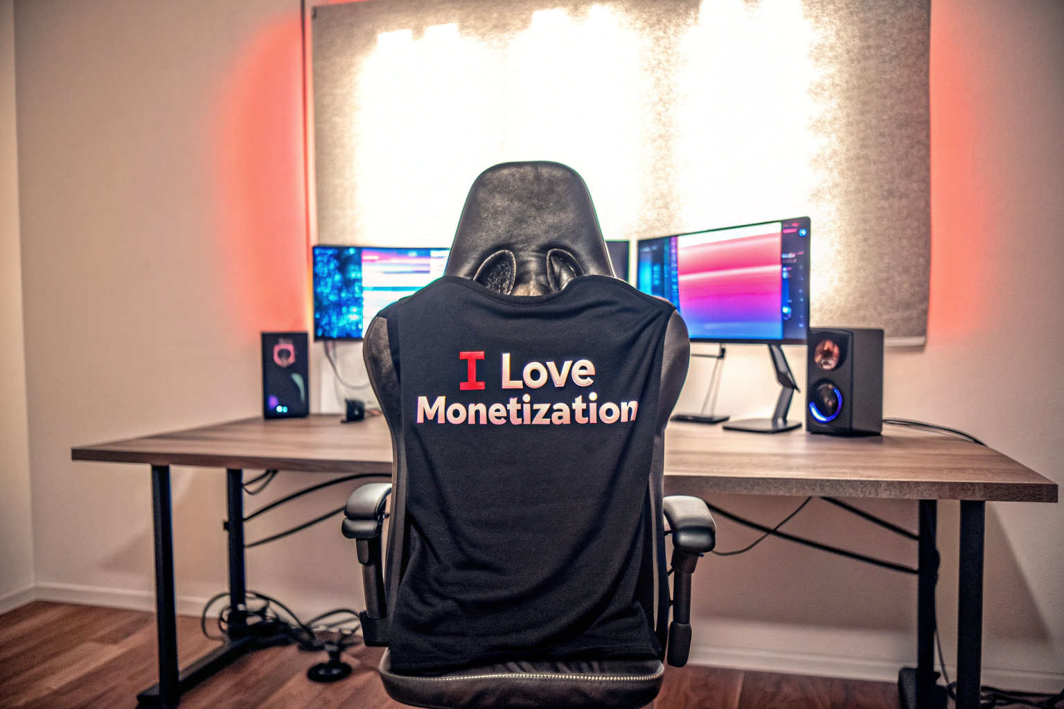 Ein Streamer trägt stolz sein 'Ich liebe Monetarisierung' T-Shirt während eines Livestreams. Streamer mit Monetarisierung T-Shirt