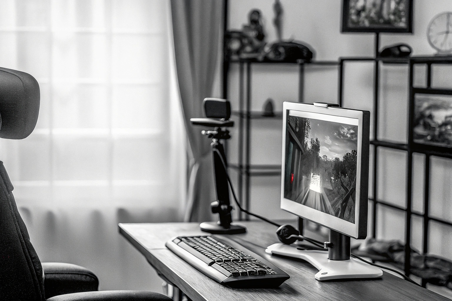 Ein Streamer vor einem Computer mit professioneller Webcam und Beleuchtung. Streamer mit professioneller Webcam