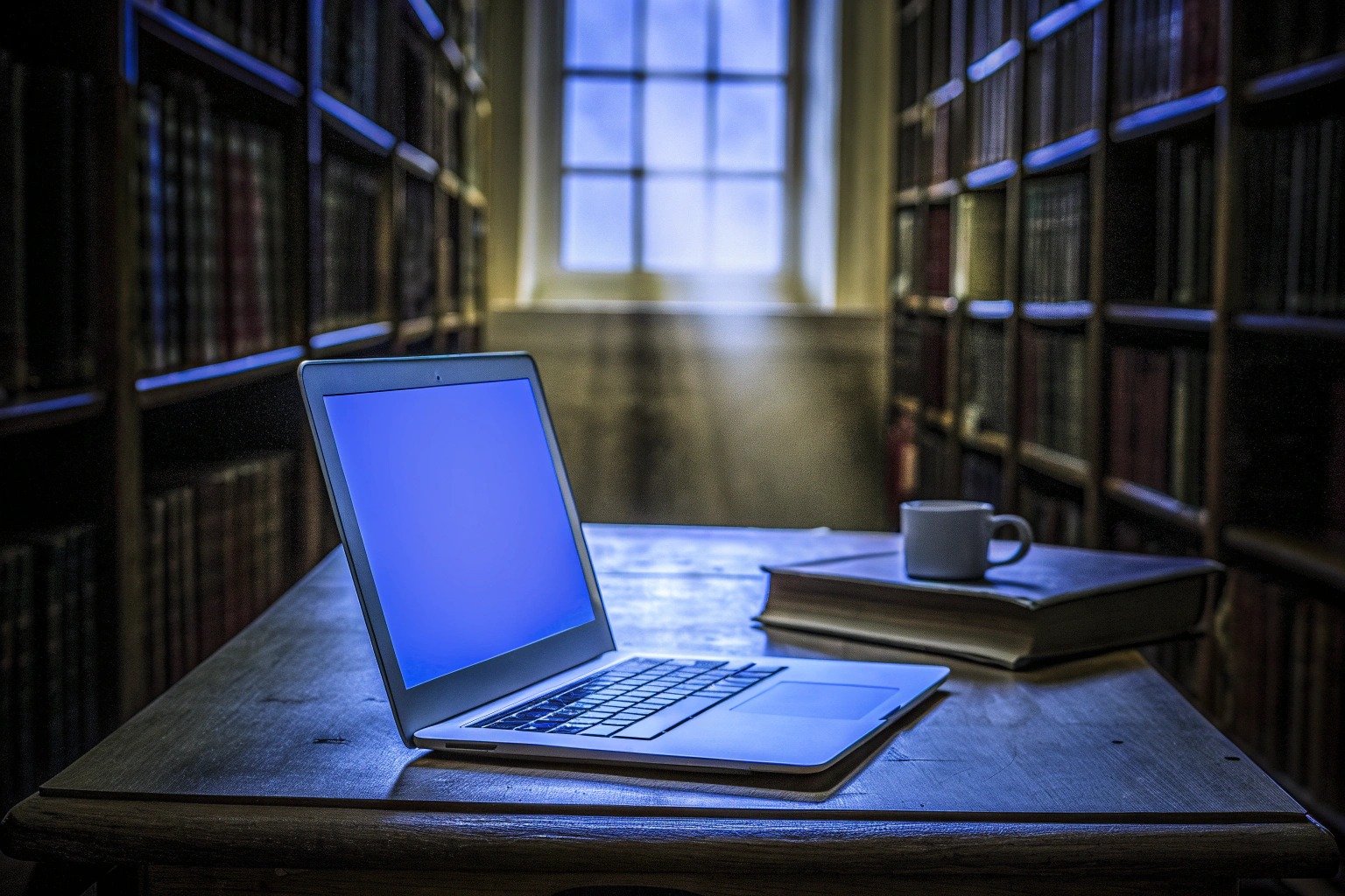 Ein Student nutzt einen Laptop in einer Bibliothek, umgeben von Büchern. Student mit Laptop in der Bibliothek